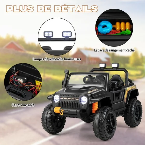 Voiture Electrique 12V/10Ah pour Enfants Télécommande 2,4G Ressorts de Suspension Musique Klaxon LED pour 3 Ans+ Noir