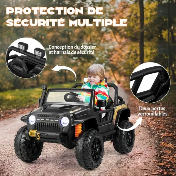 Voiture Electrique 12V/10Ah pour Enfants Télécommande 2,4G Ressorts de Suspension Musique Klaxon LED pour 3 Ans+ Noir