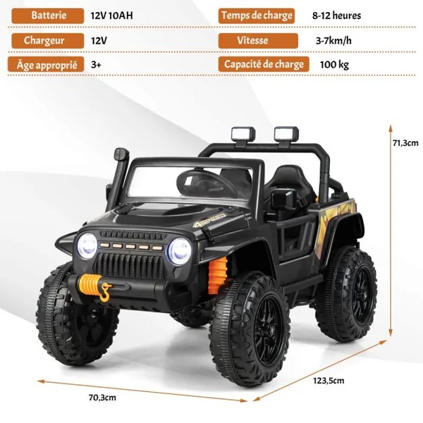 Voiture Electrique 12V/10Ah pour Enfants Télécommande 2,4G Ressorts de Suspension Musique Klaxon LED pour 3 Ans+ Noir