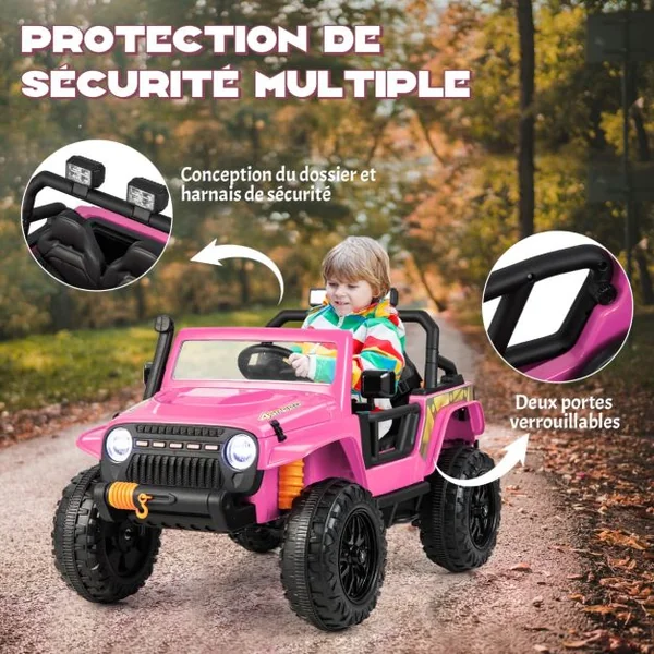 Voiture Electrique 12V/10Ah pour Enfants Télécommande 2,4G Ressorts de Suspension Musique Klaxon LED pour 3 Ans+ Rose