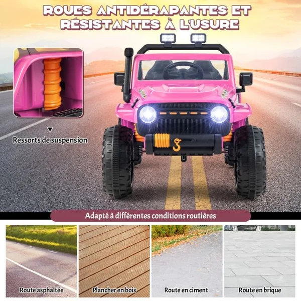 Voiture Electrique 12V/10Ah pour Enfants Télécommande 2,4G Ressorts de Suspension Musique Klaxon LED pour 3 Ans+ Rose