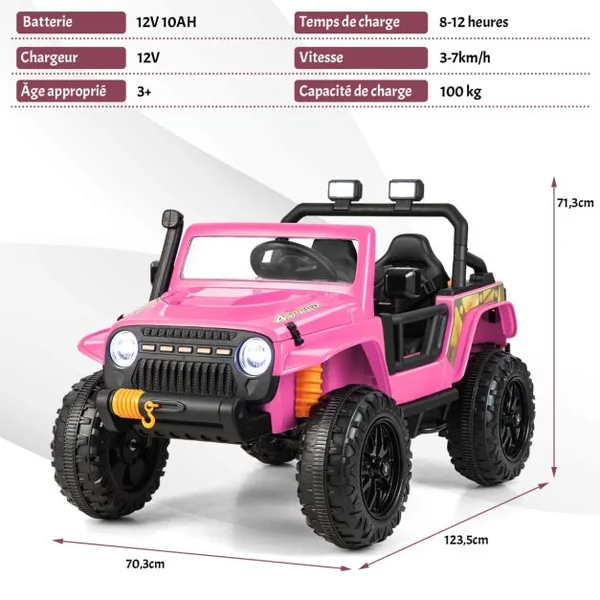 Voiture Electrique 12V/10Ah pour Enfants Télécommande 2,4G Ressorts de Suspension Musique Klaxon LED pour 3 Ans+ Rose