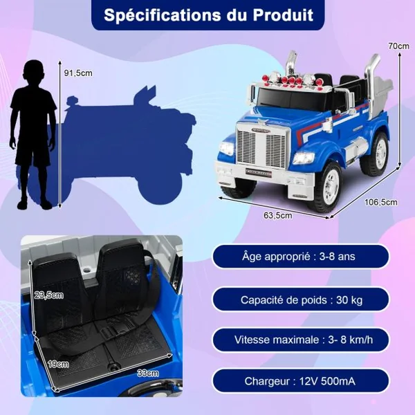Voiture Electrique 12V/4,5Ah pour Enfant Thème Transformers Télécommande 2.4G MP3 USB Récit Musical et Lumineux Bleu