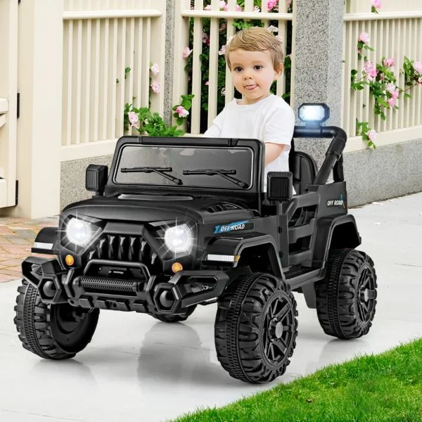 Voiture Electrique 12V pour Enfants Télécommande Roues Filetées 3 Vitesses Lumières LED Musique Klaxon Connexion Sans Fil pour 3 Ans+ Rouge