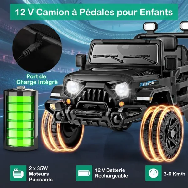 Voiture Electrique 12V pour Enfants Télécommande Roues Filetées 3 Vitesses Lumières LED Musique Klaxon Connexion Sans Fil pour 3 Ans+ Rouge