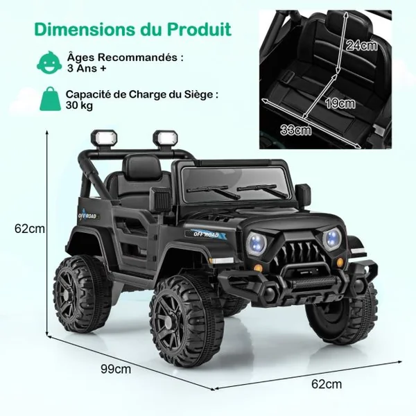 Voiture Electrique 12V pour Enfants Télécommande Roues Filetées 3 Vitesses Lumières LED Musique Klaxon Connexion Sans Fil pour 3 Ans+ Rouge