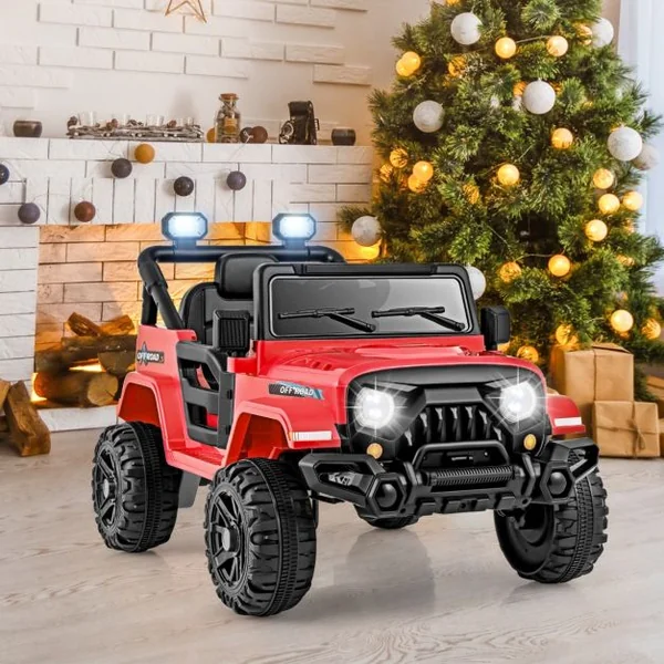 Voiture Electrique 12V pour Enfants Télécommande Roues Filetées 3 Vitesses Lumières LED Musique Klaxon Connexion Sans Fil pour 3 Ans+ Rouge