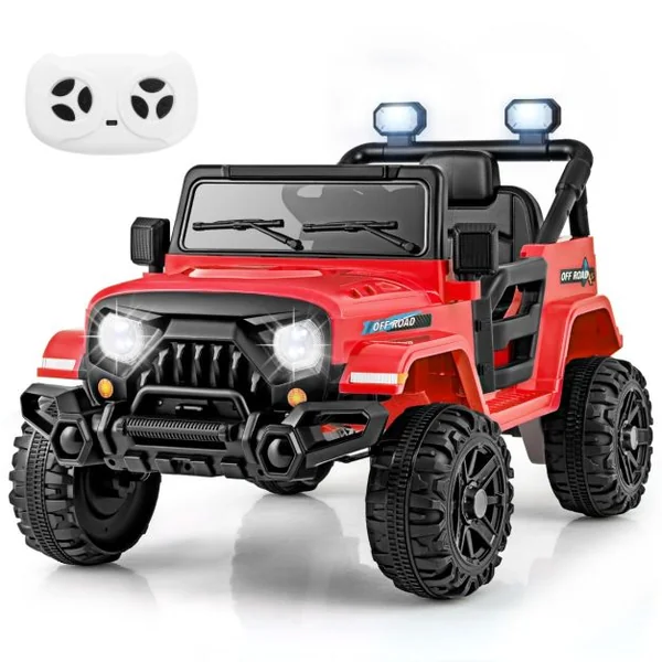 Voiture Electrique 12V pour Enfants Télécommande Roues Filetées 3 Vitesses Lumières LED Musique Klaxon Connexion Sans Fil pour 3 Ans+ Rouge