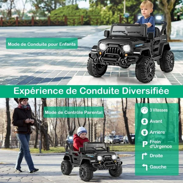 Voiture Electrique 12V pour Enfants Télécommande Roues Filetées 3 Vitesses Lumières LED Musique Klaxon Connexion Sans Fil pour 3 Ans+ Rouge