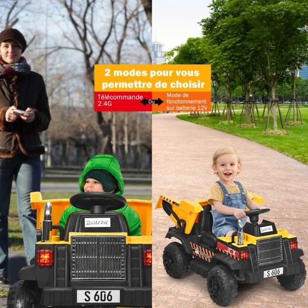 Voiture Electrique Camion Benne à Batterie 12V pour Enfants Vitesse Max : 5 km/h Télécommande Fonction Lumineuses Sonores Jaune