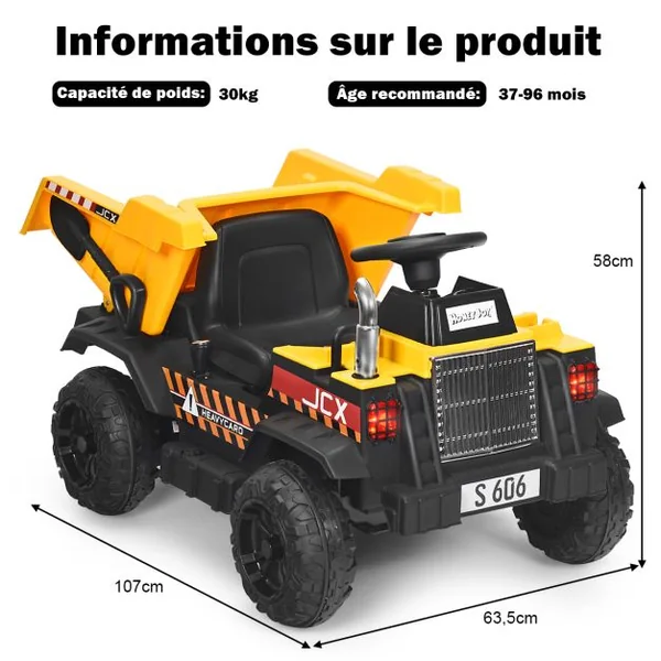 Voiture Electrique Camion Benne à Batterie 12V pour Enfants Vitesse Max : 5 km/h Télécommande Fonction Lumineuses Sonores Jaune