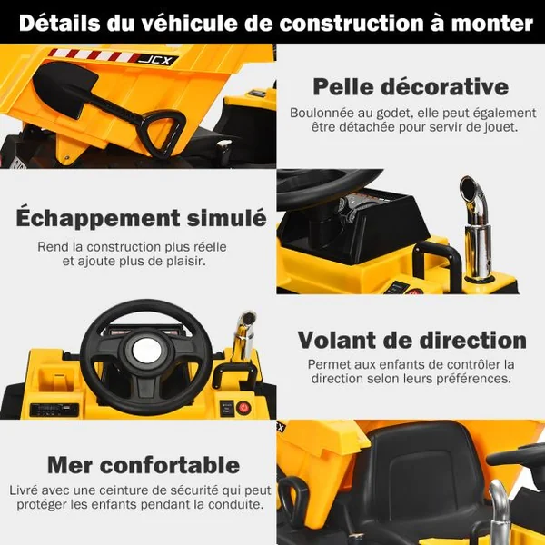 Voiture Electrique Camion Benne à Batterie 12V pour Enfants Vitesse Max : 5 km/h Télécommande Fonction Lumineuses Sonores Jaune