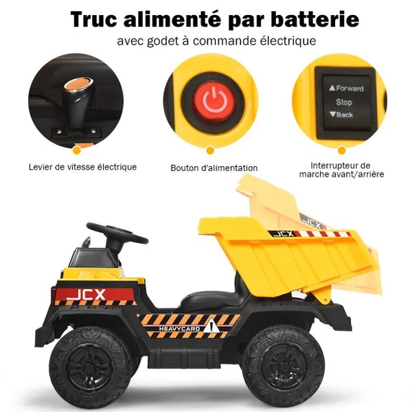 Voiture Electrique Camion Benne à Batterie 12V pour Enfants Vitesse Max : 5 km/h Télécommande Fonction Lumineuses Sonores Jaune