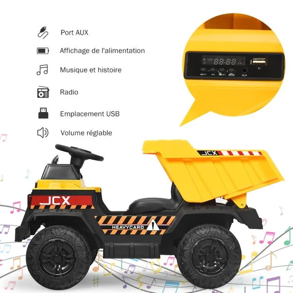 Voiture Electrique Camion Benne à Batterie 12V pour Enfants Vitesse Max : 5 km/h Télécommande Fonction Lumineuses Sonores Jaune