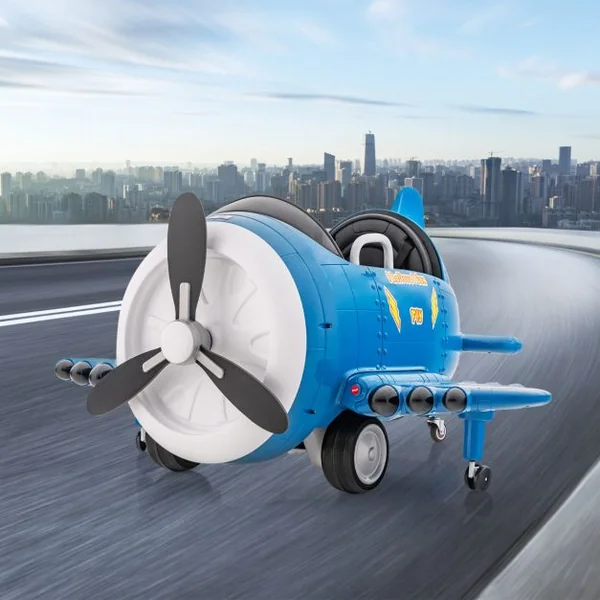 Voiture Electrique Enfants en Forme Avion avec Hélice Rotative & Télécommande Véhicule Electrique avec Tableau de Bord Eclairé & Effets Sonores Bleu/Vert