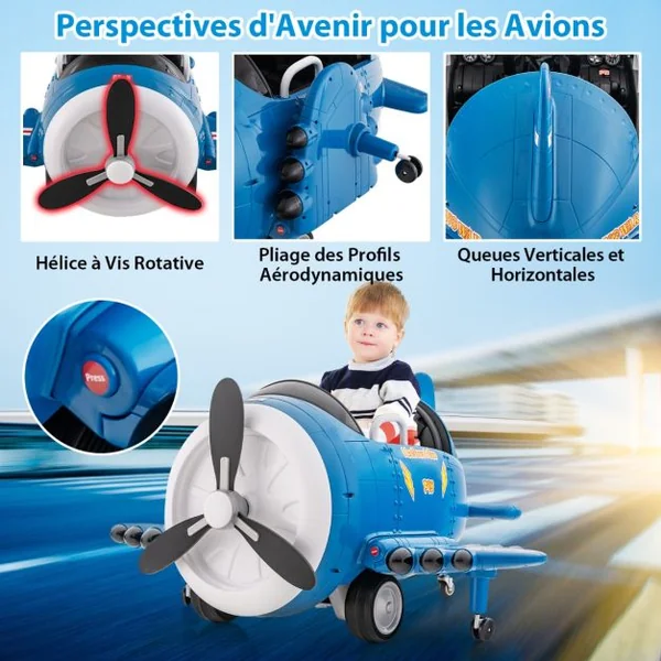 Voiture Electrique Enfants en Forme Avion avec Hélice Rotative & Télécommande Véhicule Electrique avec Tableau de Bord Eclairé & Effets Sonores Bleu/Vert