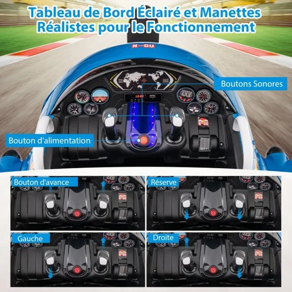 Voiture Electrique Enfants en Forme Avion avec Hélice Rotative & Télécommande Véhicule Electrique avec Tableau de Bord Eclairé & Effets Sonores Bleu/Vert
