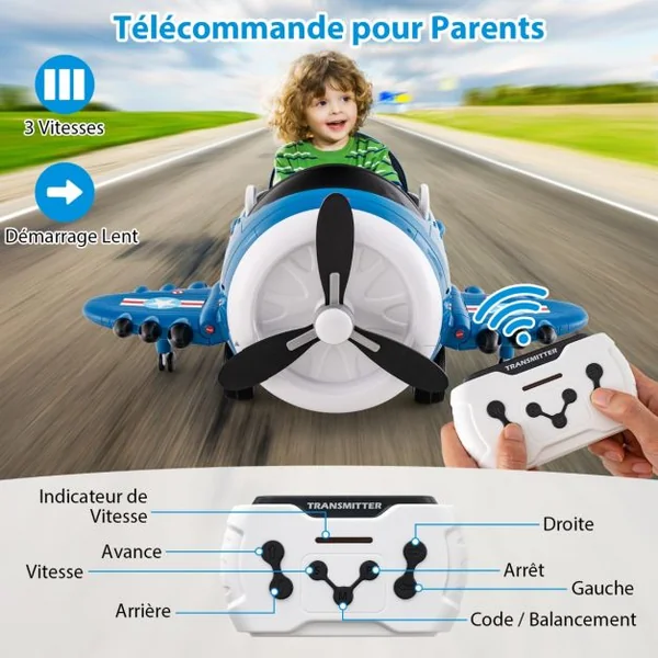 Voiture Electrique Enfants en Forme Avion avec Hélice Rotative & Télécommande Véhicule Electrique avec Tableau de Bord Eclairé & Effets Sonores Bleu/Vert
