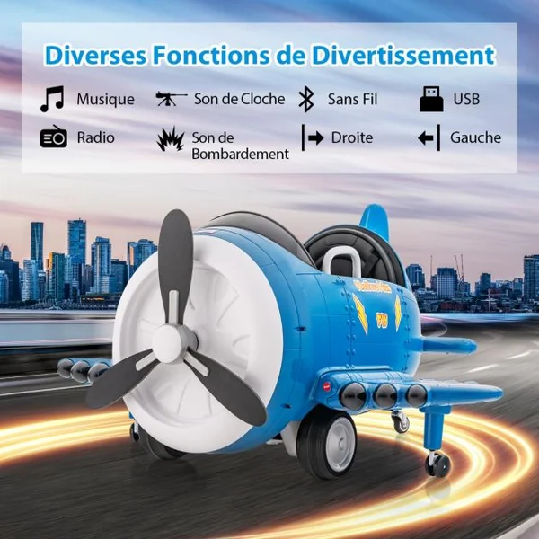 Voiture Electrique Enfants en Forme Avion avec Hélice Rotative & Télécommande Véhicule Electrique avec Tableau de Bord Eclairé & Effets Sonores Bleu/Vert