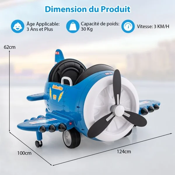 Voiture Electrique Enfants en Forme Avion avec Hélice Rotative & Télécommande Véhicule Electrique avec Tableau de Bord Eclairé & Effets Sonores Bleu/Vert