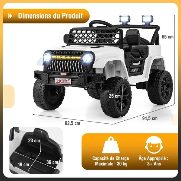 Voiture pour Enfants 12V Véhicule Electrique Alimenté par Batterie Télécommande Parentale 3 Vitesses Lumières LED pour les 3+ Ans Blanc