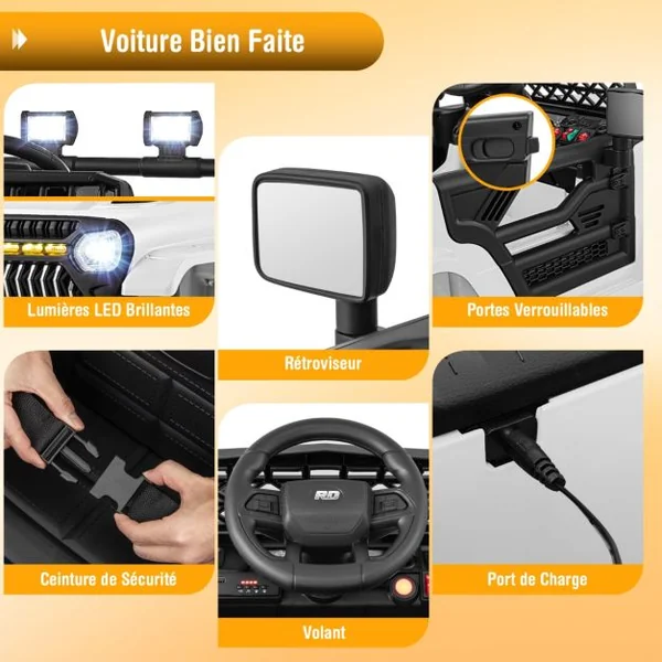 Voiture pour Enfants 12V Véhicule Electrique Alimenté par Batterie Télécommande Parentale 3 Vitesses Lumières LED pour les 3+ Ans Blanc