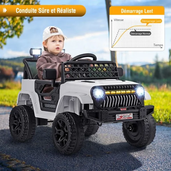 Voiture pour Enfants 12V Véhicule Electrique Alimenté par Batterie Télécommande Parentale 3 Vitesses Lumières LED pour les 3+ Ans Blanc