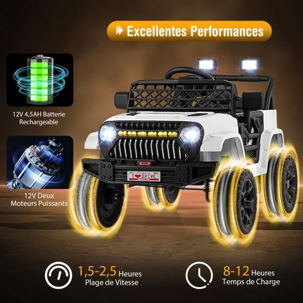 Voiture pour Enfants 12V Véhicule Electrique Alimenté par Batterie Télécommande Parentale 3 Vitesses Lumières LED pour les 3+ Ans Blanc