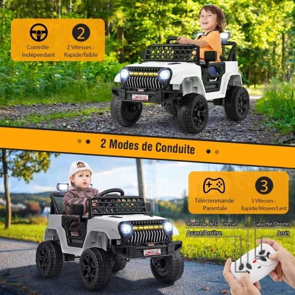 Voiture pour Enfants 12V Véhicule Electrique Alimenté par Batterie Télécommande Parentale 3 Vitesses Lumières LED pour les 3+ Ans Blanc