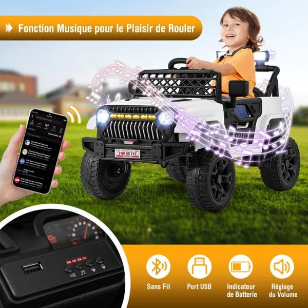 Voiture pour Enfants 12V Véhicule Electrique Alimenté par Batterie Télécommande Parentale 3 Vitesses Lumières LED pour les 3+ Ans Blanc