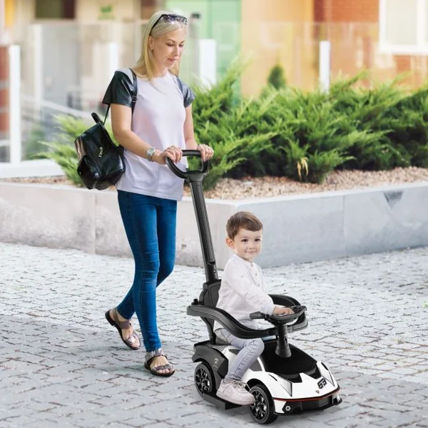 Voiture à Pousser 3 en 1 pour Enfants Sous Licence Lamborghini Poignée de Poussée Volant Garde-corps Amovible pour Bébé de 12-36 Mois Blanc