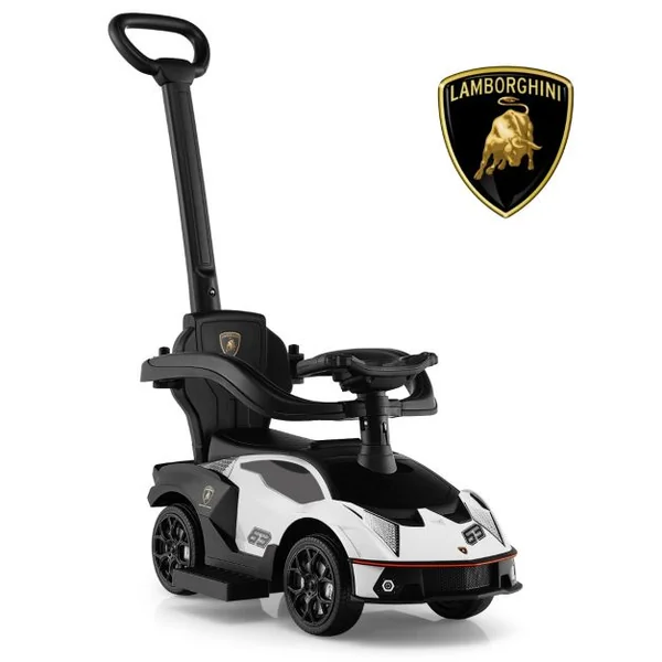 Voiture à Pousser 3 en 1 pour Enfants Sous Licence Lamborghini Poignée de Poussée Volant Garde-corps Amovible pour Bébé de 12-36 Mois Blanc
