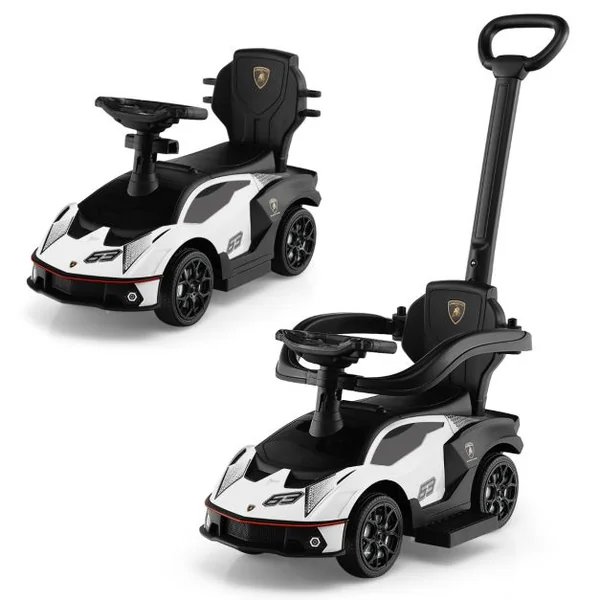 Voiture à Pousser 3 en 1 pour Enfants Sous Licence Lamborghini Poignée de Poussée Volant Garde-corps Amovible pour Bébé de 12-36 Mois Blanc