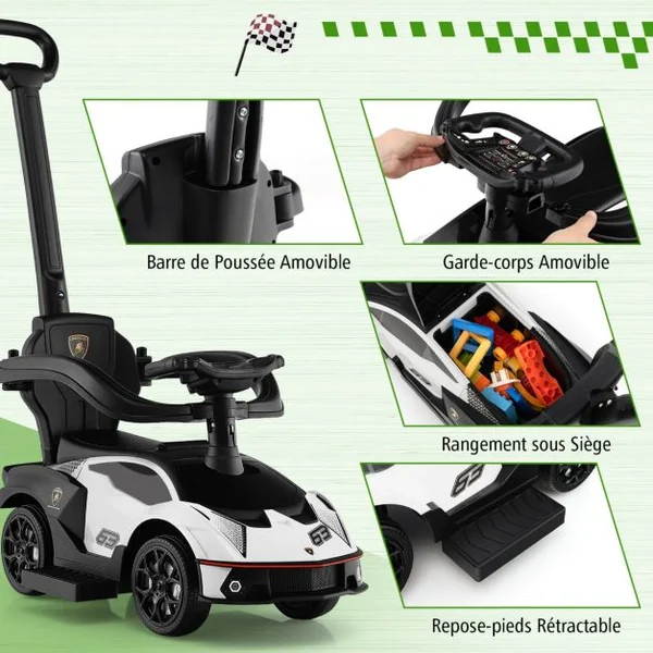 Voiture à Pousser 3 en 1 pour Enfants Sous Licence Lamborghini Poignée de Poussée Volant Garde-corps Amovible pour Bébé de 12-36 Mois Blanc