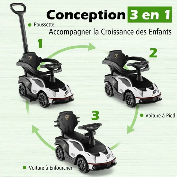 Voiture à Pousser 3 en 1 pour Enfants Sous Licence Lamborghini Poignée de Poussée Volant Garde-corps Amovible pour Bébé de 12-36 Mois Blanc