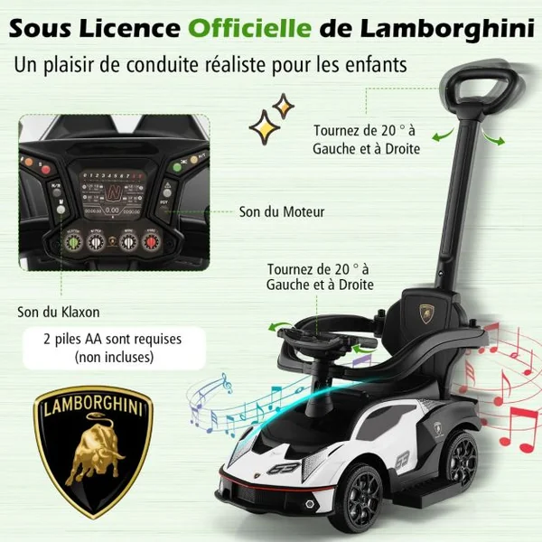 Voiture à Pousser 3 en 1 pour Enfants Sous Licence Lamborghini Poignée de Poussée Volant Garde-corps Amovible pour Bébé de 12-36 Mois Blanc