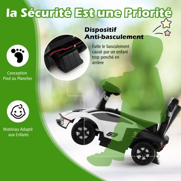 Voiture à Pousser 3 en 1 pour Enfants Sous Licence Lamborghini Poignée de Poussée Volant Garde-corps Amovible pour Bébé de 12-36 Mois Blanc