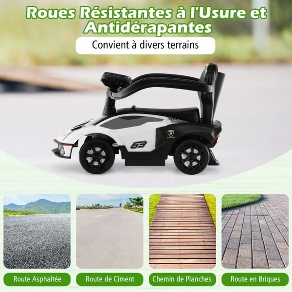 Voiture à Pousser 3 en 1 pour Enfants Sous Licence Lamborghini Poignée de Poussée Volant Garde-corps Amovible pour Bébé de 12-36 Mois Blanc