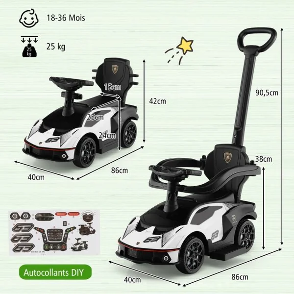 Voiture à Pousser 3 en 1 pour Enfants Sous Licence Lamborghini Poignée de Poussée Volant Garde-corps Amovible pour Bébé de 12-36 Mois Blanc