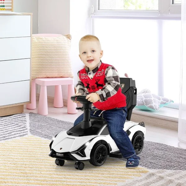 Voiture à Pousser 3 en 1 pour Enfants Voiture Pied-au-sol Sous Licence Lamborghini Garde-corps Poignée Amovibles Musique Phares Noir/Blanc/Rose