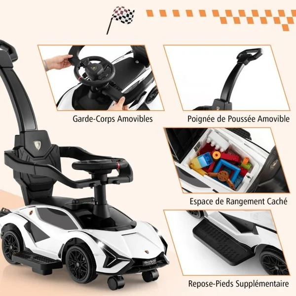 Voiture à Pousser 3 en 1 pour Enfants Voiture Pied-au-sol Sous Licence Lamborghini Garde-corps Poignée Amovibles Musique Phares Noir/Blanc/Rose