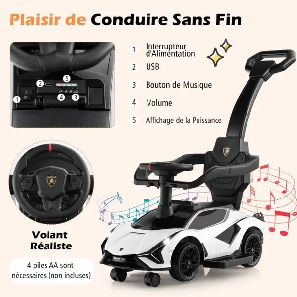 Voiture à Pousser 3 en 1 pour Enfants Voiture Pied-au-sol Sous Licence Lamborghini Garde-corps Poignée Amovibles Musique Phares Noir/Blanc/Rose