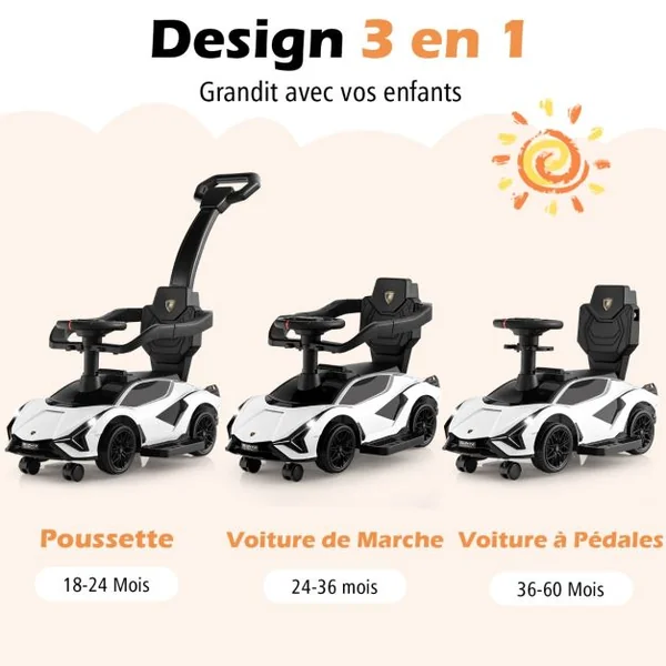Voiture à Pousser 3 en 1 pour Enfants Voiture Pied-au-sol Sous Licence Lamborghini Garde-corps Poignée Amovibles Musique Phares Noir/Blanc/Rose