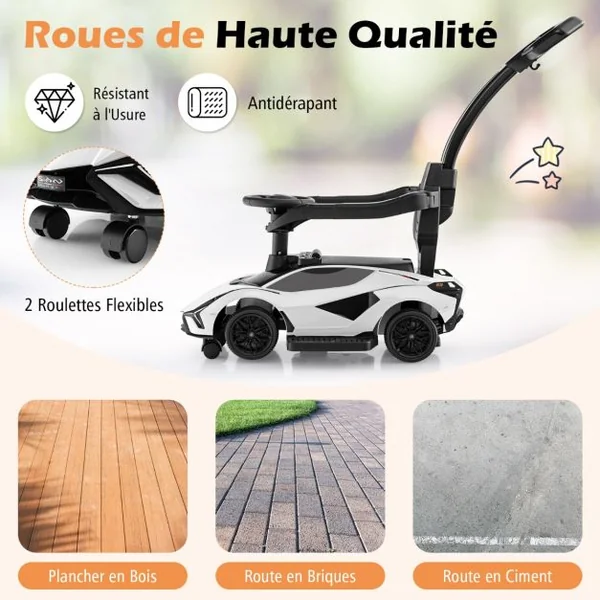 Voiture à Pousser 3 en 1 pour Enfants Voiture Pied-au-sol Sous Licence Lamborghini Garde-corps Poignée Amovibles Musique Phares Noir/Blanc/Rose