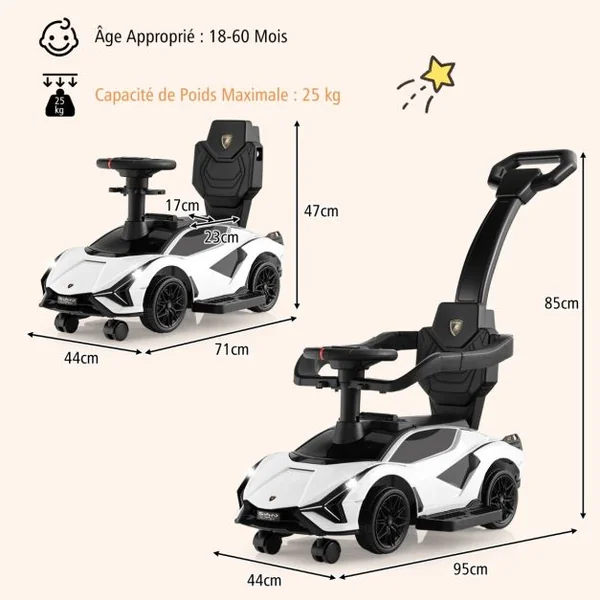 Voiture à Pousser 3 en 1 pour Enfants Voiture Pied-au-sol Sous Licence Lamborghini Garde-corps Poignée Amovibles Musique Phares Noir/Blanc/Rose