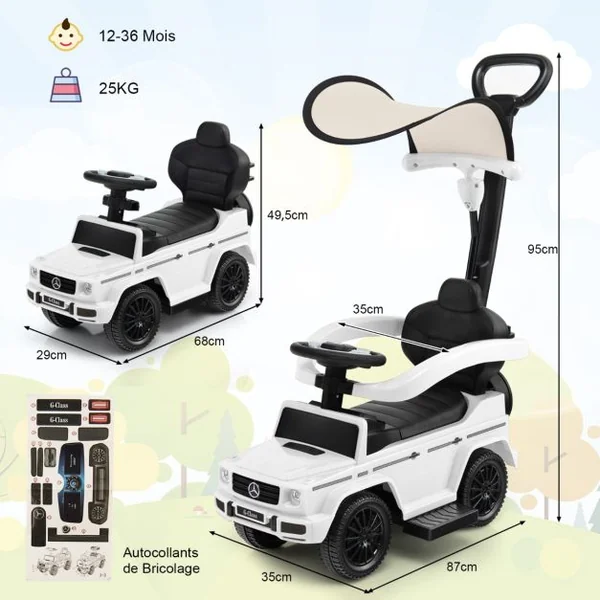 Voiture à Pousser pour Enfant sous Licence Poussette avec Auvent Réglable Garde-corps et Klaxon pour 1-3 Ans 4 Couleurs au Choix