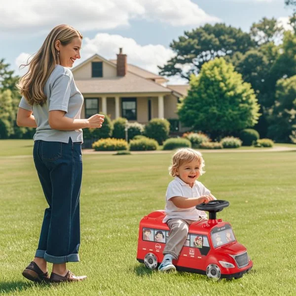 Voiture à Pousser pour Enfants en Forme de Bus Scolaire Roues Universelles Bloc Anti-basculement Voiture Pied au Sol pour 19-36 Mois Rouge