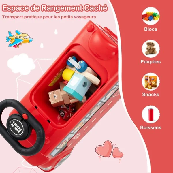Voiture à Pousser pour Enfants en Forme de Bus Scolaire Roues Universelles Bloc Anti-basculement Voiture Pied au Sol pour 19-36 Mois Rouge