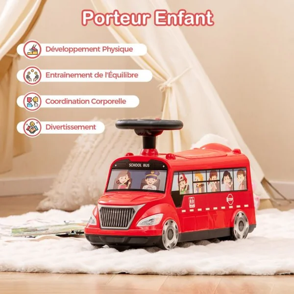 Voiture à Pousser pour Enfants en Forme de Bus Scolaire Roues Universelles Bloc Anti-basculement Voiture Pied au Sol pour 19-36 Mois Rouge