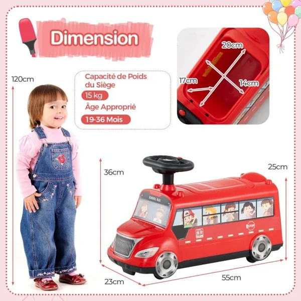 Voiture à Pousser pour Enfants en Forme de Bus Scolaire Roues Universelles Bloc Anti-basculement Voiture Pied au Sol pour 19-36 Mois Rouge